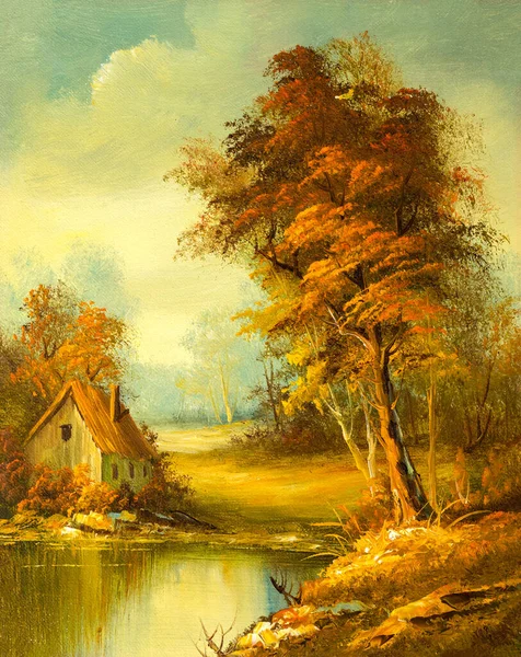 Vintage oil painting depicting a small cabin house near a lake and woods.