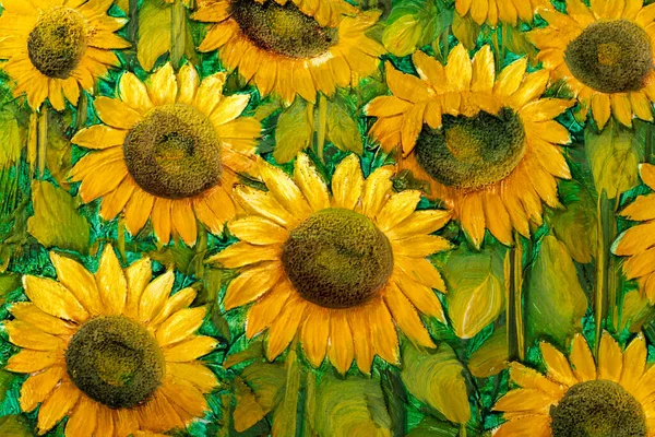 Ayçiçeklerini betimleyen, ağır desenli eski bir yağlı boya tablo..