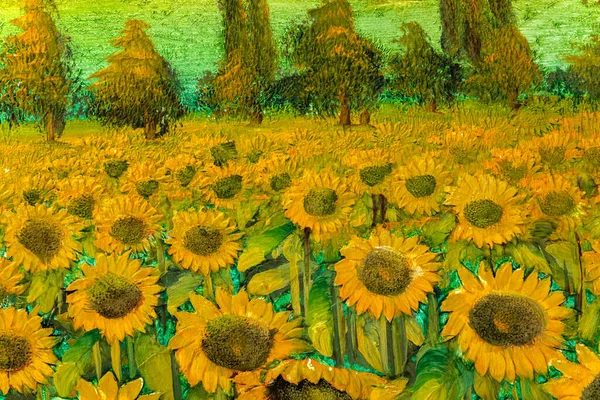 Fragment Vintage Oil Painting Depicting Sunflowers Heavily Textured — Stock Photo, Image