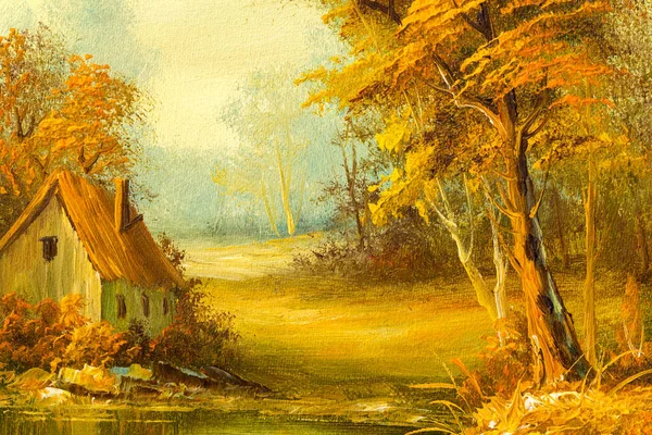 Pittura Olio Vintage Raffigurante Una Piccola Casa Cabina Vicino Lago — Foto Stock