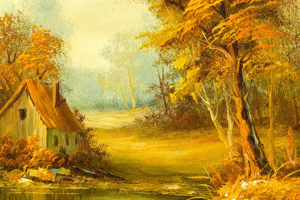 Vintage oil painting depicting a small cabin house near a lake and woods.