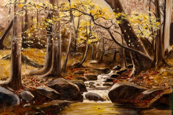 Pintura Óleo Vintage Retratando Uma Árvore Florescente Riacho Rochoso Meio — Fotografia de Stock