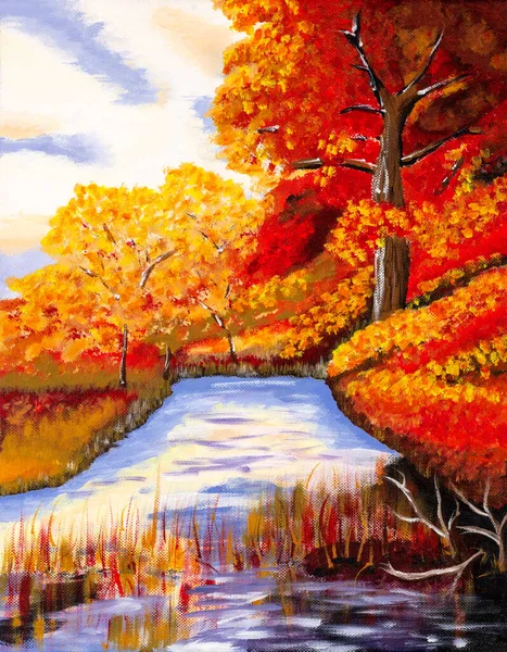 Naive style painting depicting a country side scenery with a stream. Strident prime colors.