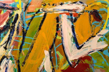 Parlak renkleri, fırça darbesi dokusunu ve çizgi akışını gösteren soyut bir resim parçası.