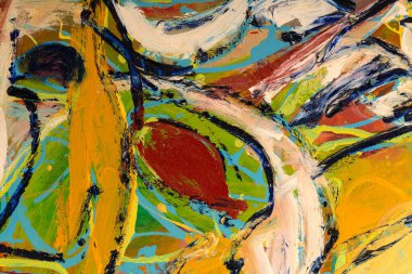 Parlak renkleri, fırça darbesi dokusunu ve çizgi akışını gösteren soyut bir resim parçası.