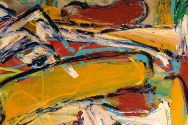 Parlak renkleri, fırça darbesi dokusunu ve çizgi akışını gösteren soyut bir resim parçası.