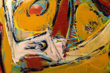 Parlak renkleri, fırça darbesi dokusunu ve çizgi akışını gösteren soyut bir resim parçası.