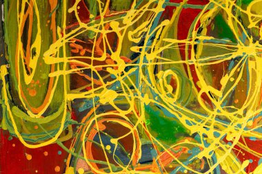 Parlak renkleri, fırça darbesi dokusunu ve çizgi akışını gösteren soyut bir resim parçası.