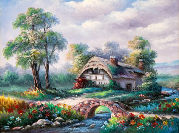 Oil Painting Depicting Idyllic Cottage Creek Wild Colorful Wild Flowers — Stock Photo, Image