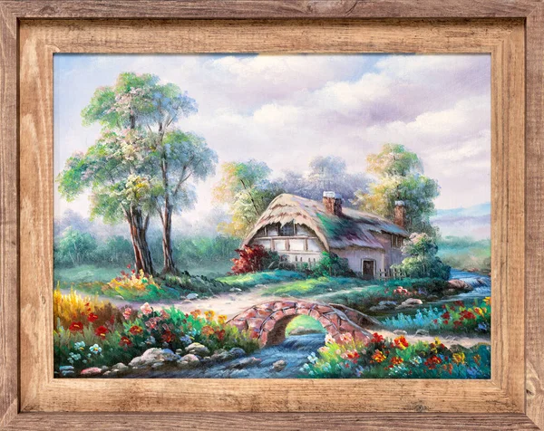 Pintura Óleo Uma Moldura Madeira Que Descreve Uma Casa Campo — Fotografia de Stock