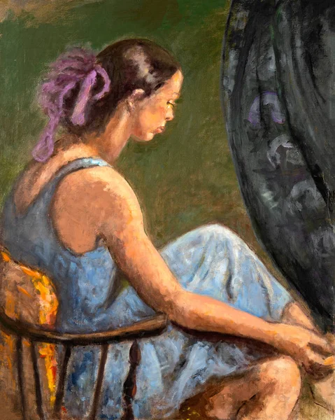 椅子に座っている若い女性の元の油絵の肖像画 — ストック写真
