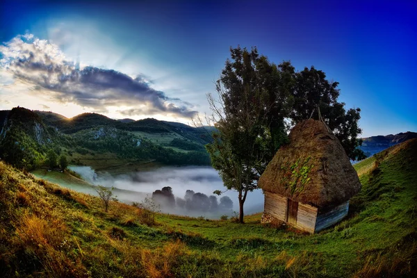 Bellissimo paesaggio montano in mattinata nebbiosa in Romania — Foto Stock