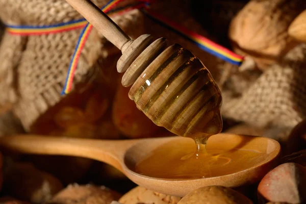 Miel de oro y frutos sin cáscara —  Fotos de Stock