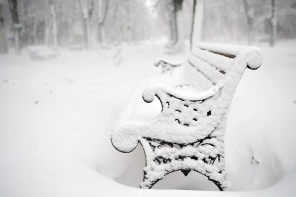 Скамейки в парке, покрытые снегом зимой — стоковое фото