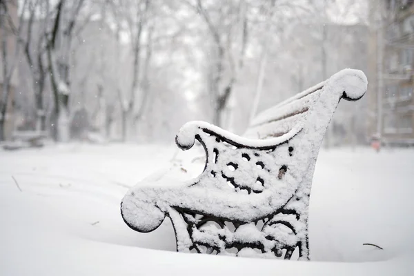 Bancos no parque coberto de neve no inverno — Fotografia de Stock