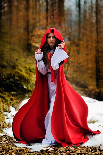 Bela mulher com manto vermelho na floresta — Fotografia de Stock