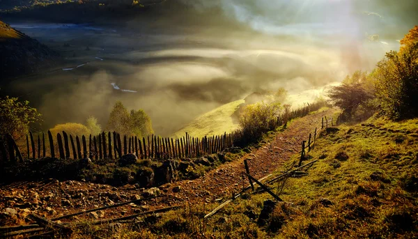 Paesaggio montano con nebbia autunnale mattutina all'alba — Foto Stock