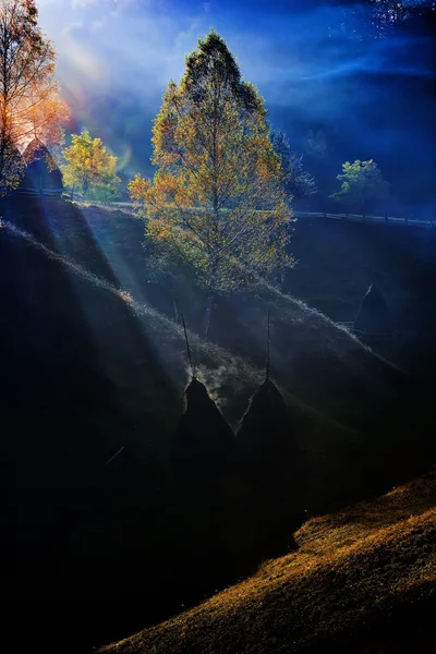 Paisaje de montaña con niebla matutina de otoño al amanecer - Fundatur —  Fotos de Stock