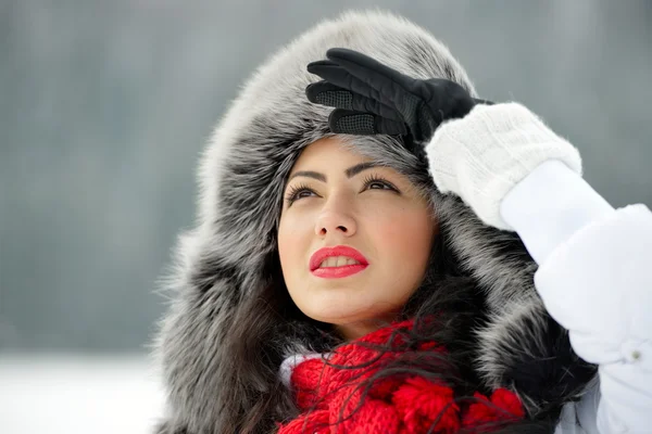 Image of beautiful female in luxurious fur head cloth — Stock Photo, Image