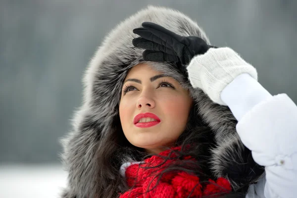 Retrato de hermosa hembra sonriente en lujoso paño de piel —  Fotos de Stock