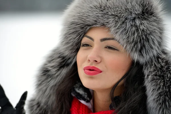 Portrait of beautiful smiling female in luxurious fur head cloth — Stock Photo, Image