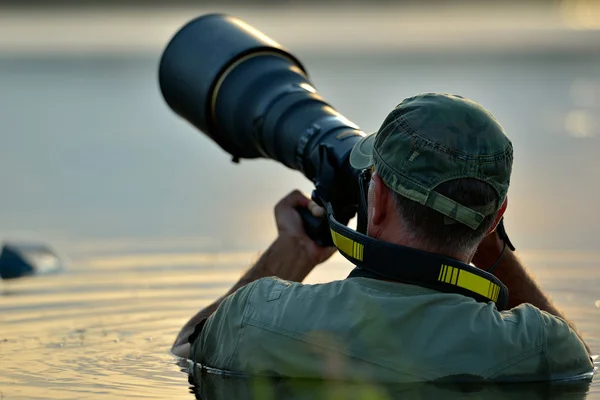 Naturfotografen utomhus, stående i vattnet — Stockfoto