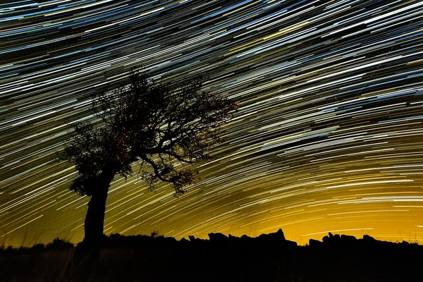 Hermoso cielo por la noche con estelas — Foto de Stock