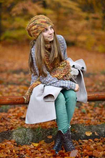 Jovem mulher sorridente retrato ao ar livre no outono — Fotografia de Stock