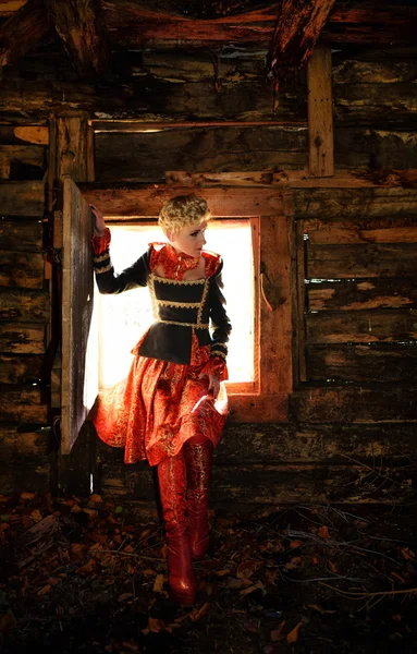 Beautiful elegant woman inside old wooden house — Stock Photo, Image