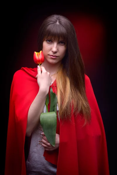 Junge hübsche Frau mit roter Tulpe im Studio — Stockfoto