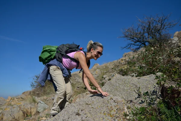 Ung kvinna turist i alpina zonen — Stockfoto