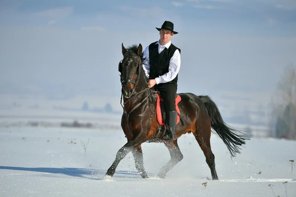 Young man riding horse outdoor in winter — Stock Photo, Image