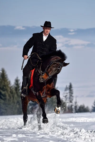 Νεαρός άνδρας ιππασία εξωτερική το χειμώνα年轻人骑着马在冬天室外 — 图库照片