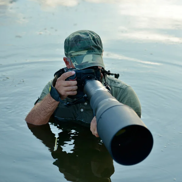 Wildlife fotograaf buiten, permanent in het water — Stockfoto