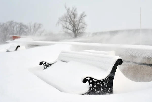 Скамейки в парке, покрытые снегом — стоковое фото