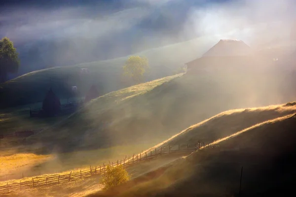 Horská krajina s podzimní ranní mlha — Stock fotografie