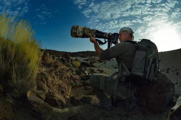 Wildlife fotograaf buiten in de zomer in Tiede krater, Tenerif Rechtenvrije Stockfoto's