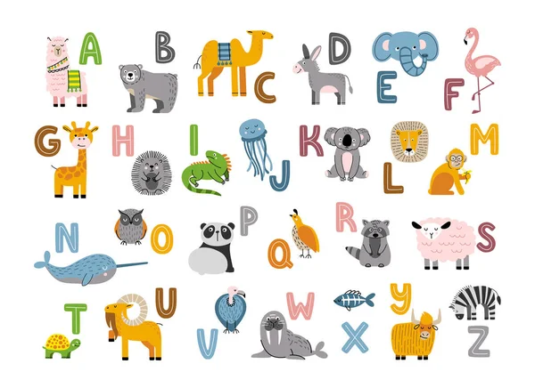 Alphabet Avec Des Animaux Mignons Drôles Cartoon Zoo Avec Des — Image vectorielle