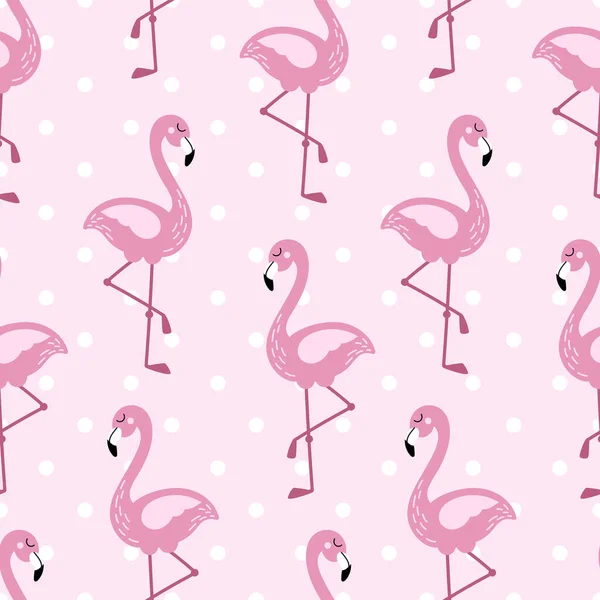 火烈鸟无缝图案与波尔卡点设计 可爱的粉红色热带壁纸和面料印花 女童涂鸦矢量图解 — 图库矢量图片