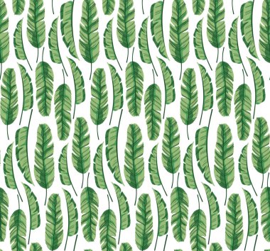 Muz yapraklı botanik kusursuz desen. Hoş tropikal duvar kağıdı ve kumaş baskısı. Doodle vektör illüstrasyonu.