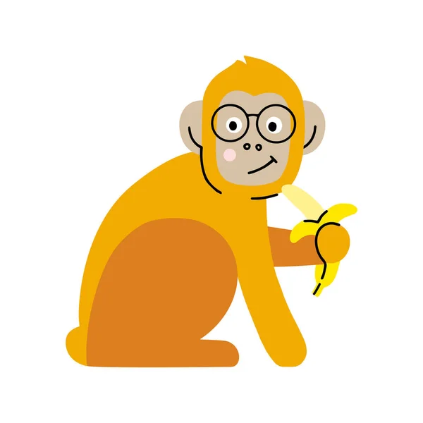 Söpö Apina Banaani Lasit Eristetty Valkoisella Taustalla Tasainen Doodle Tyyliin — vektorikuva