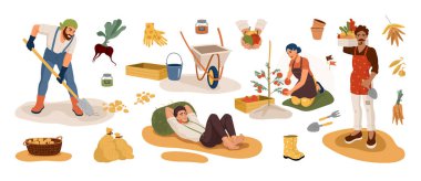 Bahçıvanlar sonbaharda hasat topluyor. Erkekler patates kazıyor, kadınlar bahçede sebze topluyor. Çiftlik aletleri ayarlandı. Düz çizgi film vektör çizimi.
