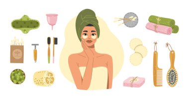 Sıfır atık banyo. Duş havlusu, yamaları, çevre dostu ürünleri ve aletleri olan bir kadın. Kişisel hijyen. Düz vektör karikatürü izole edilmiş çizim.