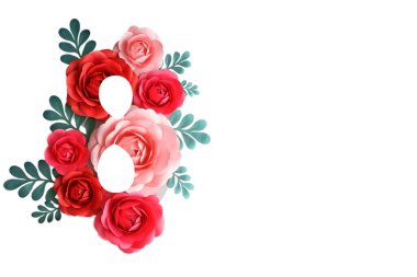 8 Mart 'tan tebrik kartı. Uluslararası Kadınlar Günü için afiş. Çiçek desenli 8 Mart broşürü..