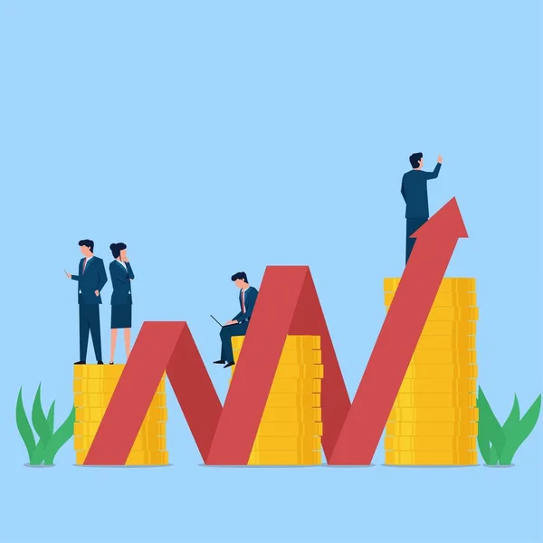 Oamenii Afaceri Stau Deasupra Monedelor Stivă Diagramă Săgeată Merge Sus — Vector de stoc