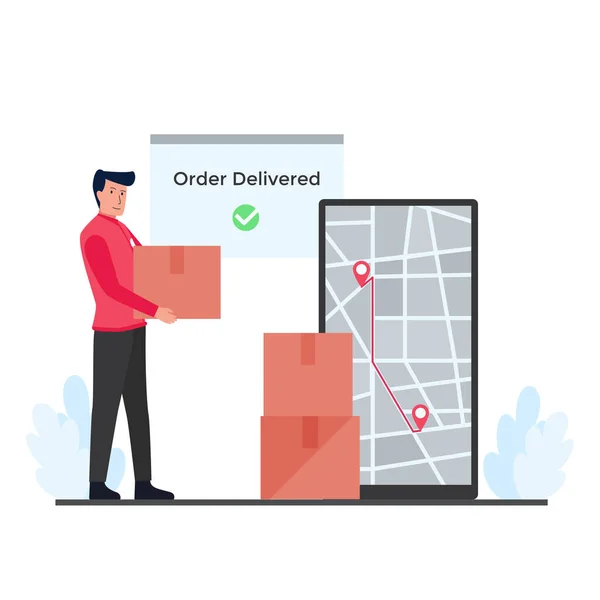 Hombre Mantenga Cajas Lado Del Teléfono Con Metáfora Mapa Ruta — Vector de stock