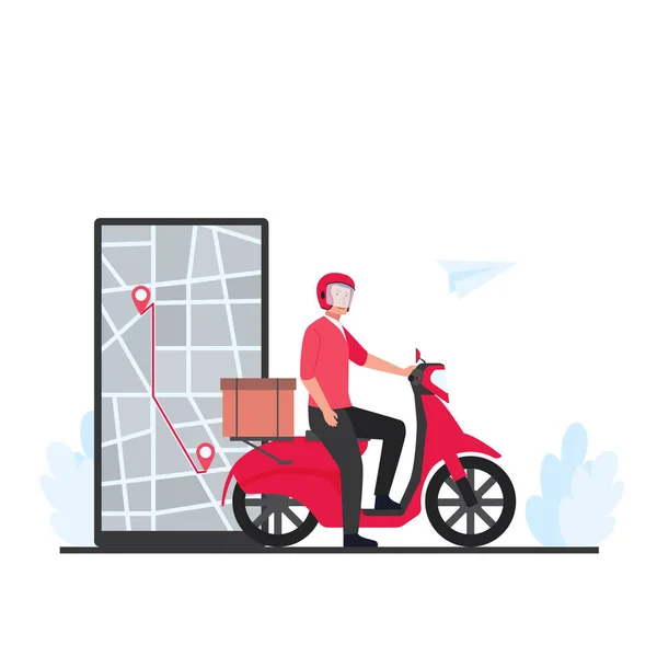 Man Ride Scooter Med Lådor Leverera Paket Till Destinationen Telefon — Stock vektor