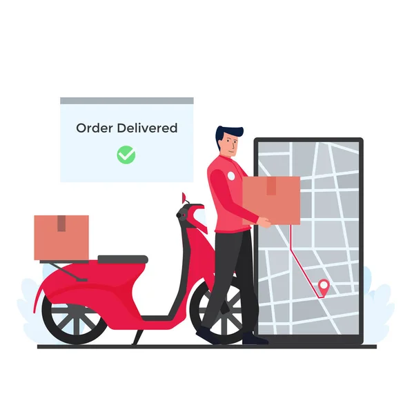 Man Scooter Hold Boxes Deliver Package Destination Phone Metaphor Online — Stock Vector
