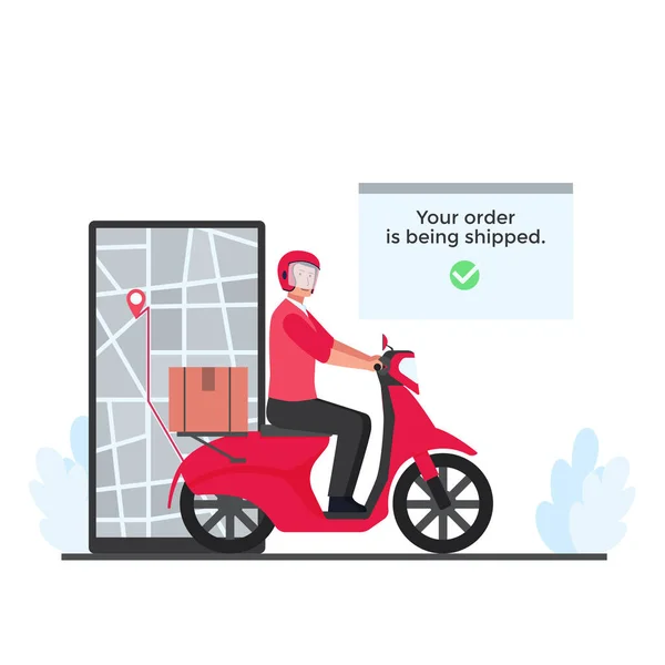 Man Ride Scooter Med Lådor Leverera Paket Till Destinationen Telefon — Stock vektor