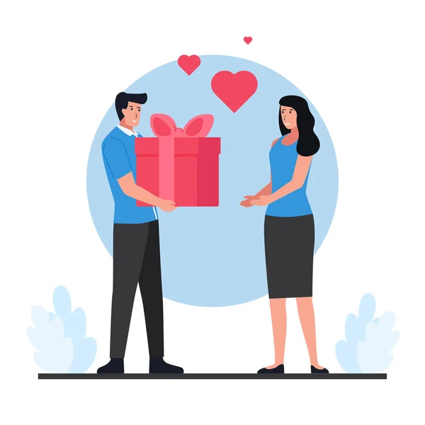 Mann Schenkt Frau Valentinstag Eine Geschenkbox — Stockvektor